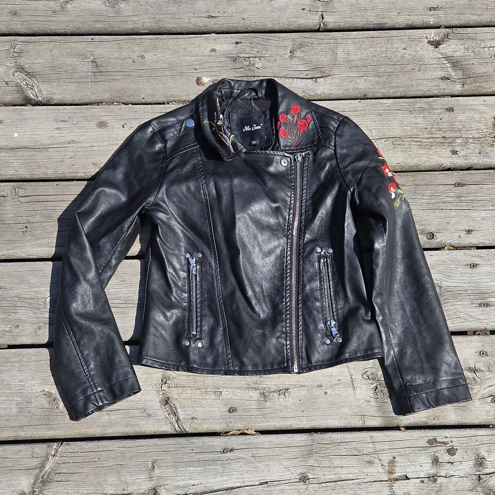 Girls Me Jane Black Faux Leather Jacket with Red Floral Embroidery